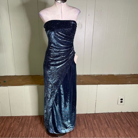 Vintage 90s Y2K A Fortiori Blue Glitter Stretchy Strapless Prom Maxi Gown Small - Picture 1 of 5